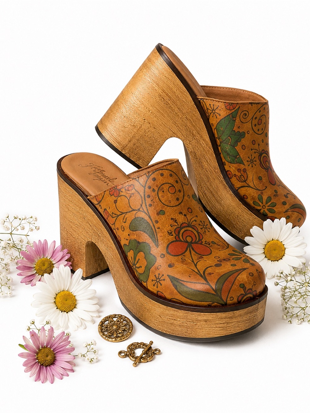 Free People Floral Platform Clogs EU 36 Made in Spain Boho 70s